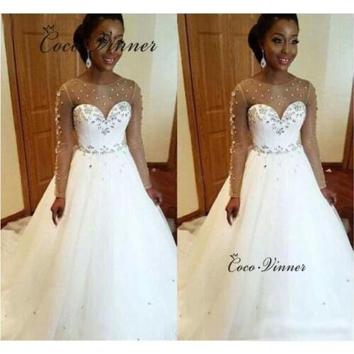 Long Sleeve Tulle A line Wedding Dresses Bridal Gown Sheer Neck Crystal Beaded Plus Size White Wedding Dress New W0469