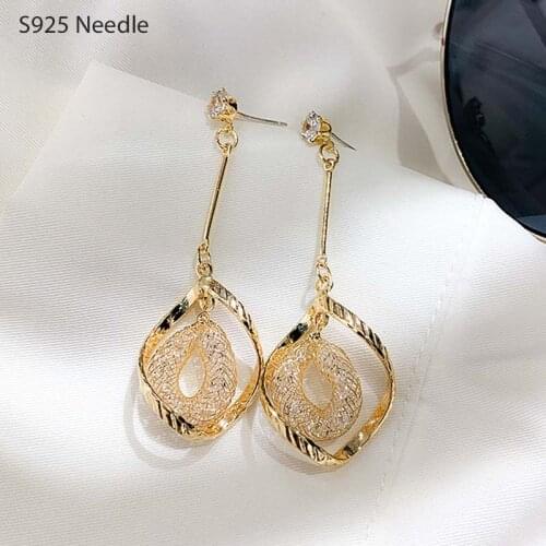 Real 925 Sterling Silver Needle Long Dangle Drop Earrings for Women Jewelry Fashion Gold Rhinestone CZ Female Earrings