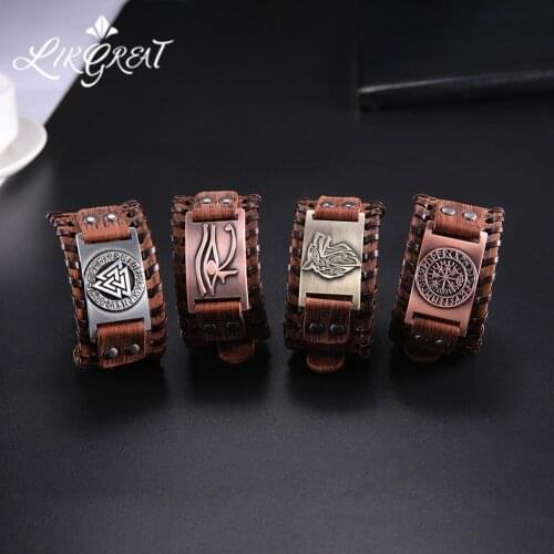 LIKGREAT Vintage Charm Wide Leather Bracelet Men Punk Braided Rope Alloy Cuff Bangle Male Wristband Viking Bracelet Mens Jewelry