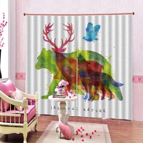 Cartoon Animal Wolf dog Deer Curtains Digital Frint Oil painting Drapes Decor For Living room Childrens room Custom any size