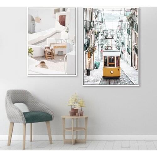 Nordic Pink Building Landscape Canvas Poster Yellow Bus Plant Leaves Wall Art Print Picture Scandinavian Living Room Home Decor