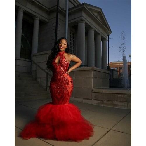 Gorgeous Red Mermaid Prom Dresses Ruffles Sequins Evening Dress Custom Made Sleeveless Floor Length Party Gown