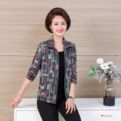Womens Baseball Jackets Autumn New Causal Long Sleeve Coats Middle-aged Mother Printed Loose Short Jacket Tops Plus Size W544