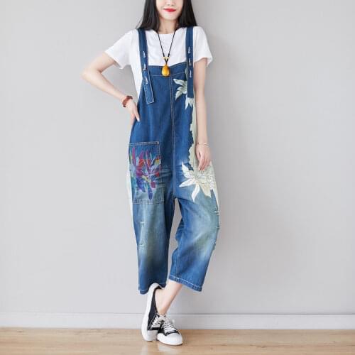 Wide Leg Denim Jumpsuit Women Plus Size Hip hop Straight Printed Overalls Drop Crotch Bib Jeans Baggy cowboy Boyfriend Rompers