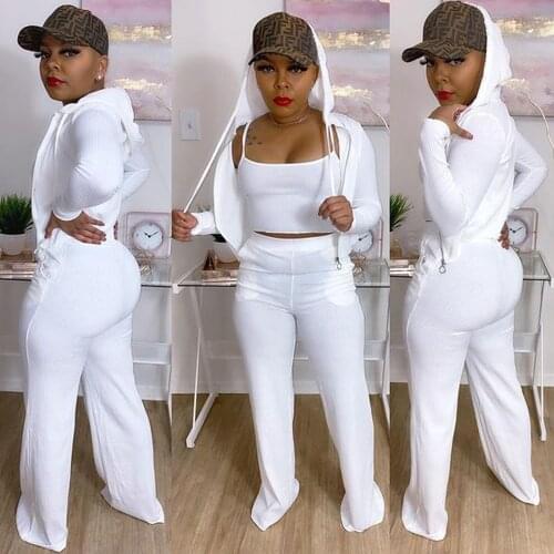 Summer White 3 Piece Set Autumn Tracksuit for Women Spaghetti Strap Slim Fit Tops+straight Long Pant+full Sleeve Hooded Jackets