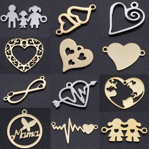 5pcs/lot Heart DIY Charms Wholesale 100% Stainless Steel Hearts Connectors Charm Family Jewelry Pendant