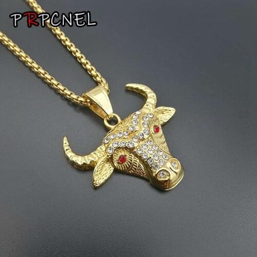 Hip hop New Bull Head Man Pendant 316L Stainless Steel Fashion gold color with zircon punk Pendant