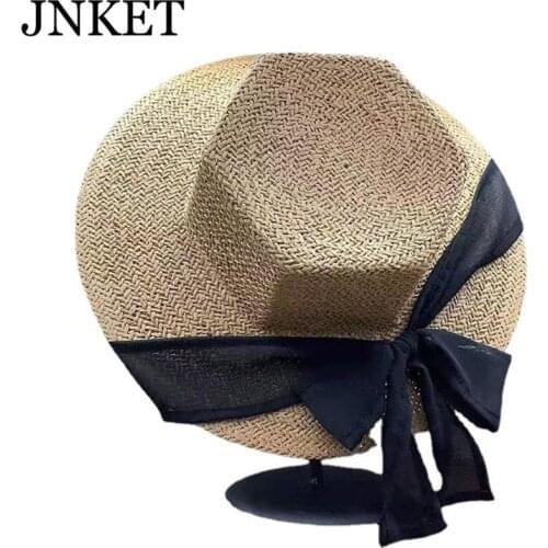 JNKET New Straw Hat Lady Summer Sun Shade Hat Bowtie Ribbon Top Hat Beach Hat Personality Fisherman Cap