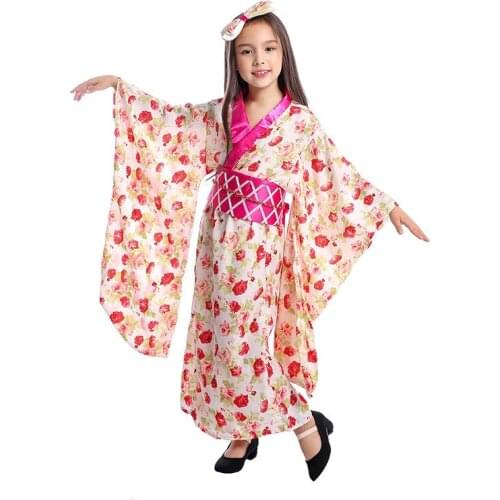 Girls children pink floral Japanese traditional Kimono costume dress long furisode yukata Halloween party cosplay clothes