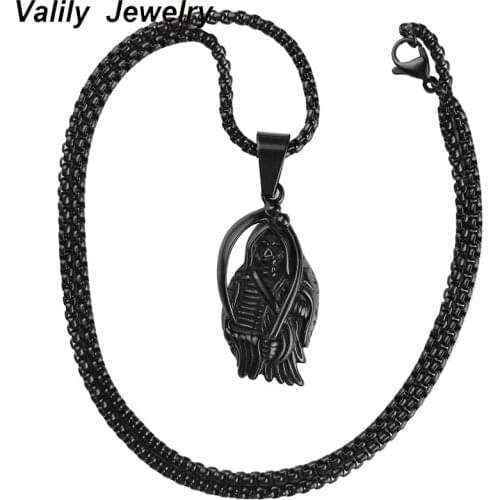 Valily Men Black Chain Necklace Stainless Steel Punk Skull Pendant Necklace Death Gost Biker Long Chain necklace jewelry for men