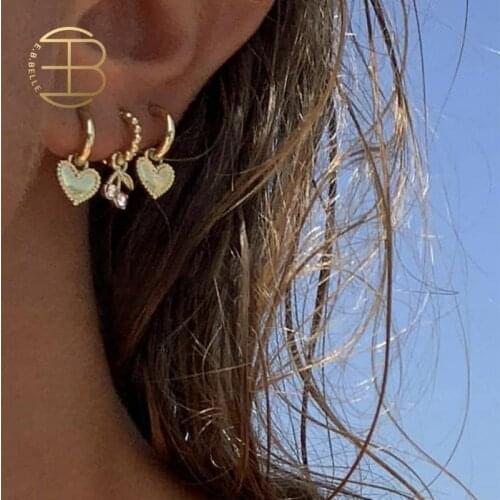 Real Gold Filled S925 Sterling Silver Post Copper Rhinestone Cherry Heart Charm Small Huggie Earrings Set Small Hoop Set