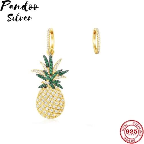 Pandoo Fashion Charm Sterling Silver Original 1:1 Copy,Asymmetric PineApple Earrings With Hoop Luxury Jewelry Gift For Female