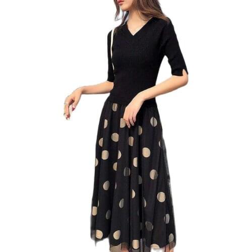 Spring Women Wave Point Half Sleeve V-Neck Tea-Length A-Line Gauze Waist Thin Fake Two Pieces Black Cocktail Dresses 9229