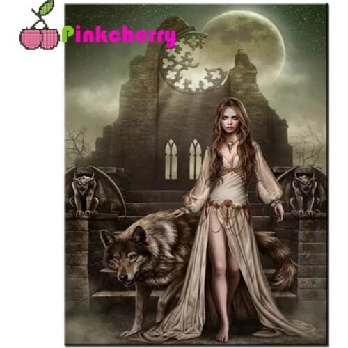 Full Drill Diamond Painting Vampire Woman And Ferocious Wolf 5D Gothic Beads Embroidery Diamond Cross Stitch Home Decor k1174