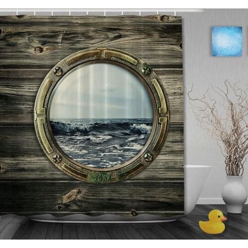 Seaside Landscape Bathroom Shower Curtains Wooden Window Shower Curtain Waterproo Polyester Fabric Bathroom Curtain Hooks