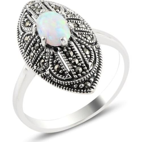 Silver 925 Sterling Opal & Marcasite Ring
