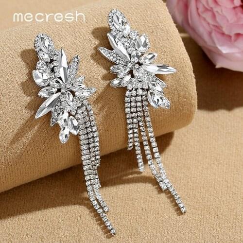 Mecresh Sparkling Fireworks Women Wedding Tassel Earrings Jewelry Gold Color Crystal Bridal Fringe Drop Earrings MEH1624