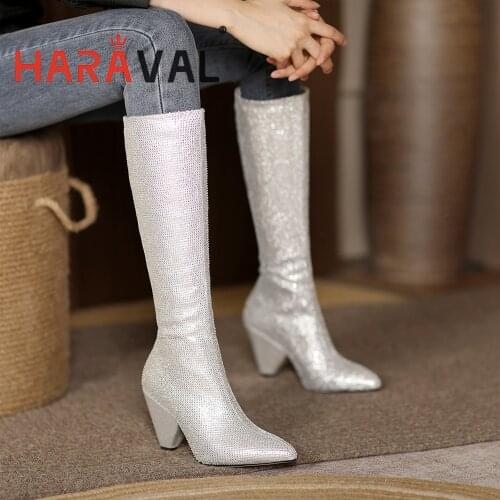 HARAVAL Women Autumn Winter High Heels Cotton Fabric Black White Pointed Toe Fleeces Plush Sexy Elegant Adult Women Shoes E381L