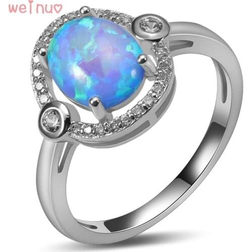 Weinuo Blue Fire Opal White Crystal Ring 925 Sterling Silver Top Quality Fancy Jewelry Wedding Ring Size 5 6 7 8 9 10 11 A384