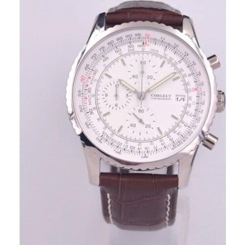 Corgeut 46mm Mens Watches Top Brand Luxury Watch Men Leather Chronograph Quartz Watch For Male clock Auto Date relogio masculino