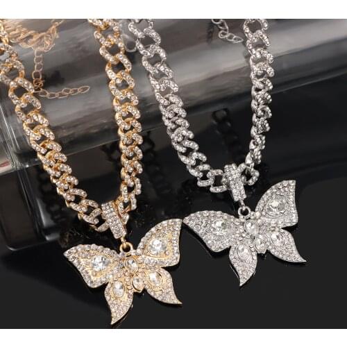 Flatfoosie Hip Hop Crystal Butterfly Pendant Necklace for Women Miami Curb Cuban Chain Necklace Rhinestone Rapper Rock Jewelry