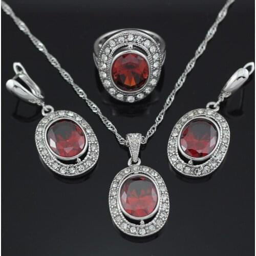 Classical Jewelry Sets Garnet Spark Czekh Crystal Necklace Pendant Hoop Earring Ring for Bridal T009G