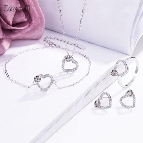 Luxury Pure 925 Sterling Silver Jewelry Set Love Heart Zircon Rose Necklace Earrings Ring Bracelet For Woman Girl Fashion Gifts