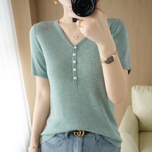 Summer womens T-shirt 100% wool knitted sweater short-sleeved casual v-neck sweater plus size pullover ladies tops tees