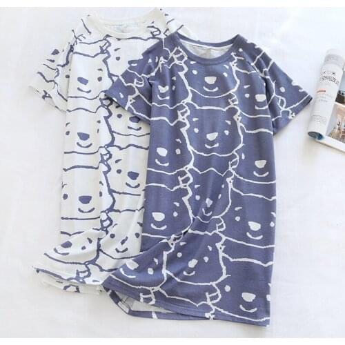 Summer Women Pajamas Short Sleeves Knit Cotton Sleeping Skirt Cartoon Comfortable Thin Women Cotton Home Evening Nightgownskirt