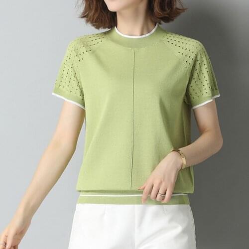 LJSXLS Hollow Out Short Sleeve Knitted T-Shirts Women 2021 Summer Ice Silk Clothes White Ladies Casual Tshirt Camisetas De Mujer