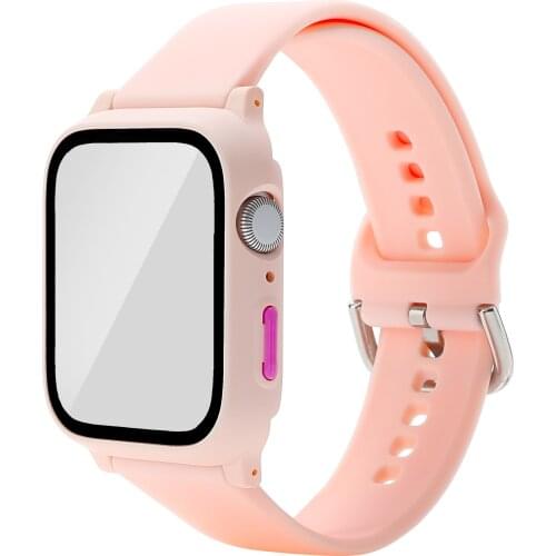 Soft Silicone Strap & Tempered Glass Protective Case Cove for Apple Watch Band 38mm 42mm 40mm 44mm iWatch6SE 5 4 3 2 1 Protector