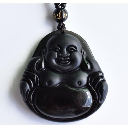 Real Chinese Handwork Natural Black Obsidian Carved Buddha God of Fortune Amulet Lucky Pendant Necklace Fashion Jewelry
