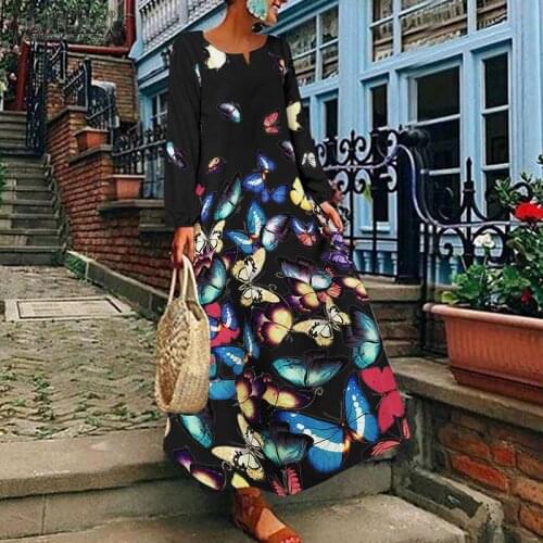 2021 Autumn Butterfly Printed Sundress ZANZEA Women Long Sleeve Dress Vintage Bohemian Party Kaftan Female Robe Plus Size 5XL