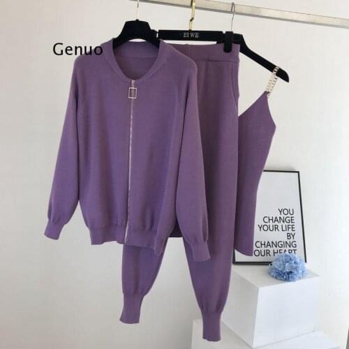 Autumn Winter Women Knitted Tracksuits 3 Piece Set Zipper Jacket Coat+Tank Tops+Elastic Pants Suit Casual Sports Outfits Female