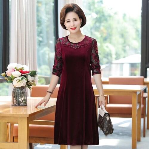 Autumn Classy Chic Lace Transparent Patchwork Velvet Dresses Women Elegant Dark Green Red Blue Velour One Piece Dress Woman New