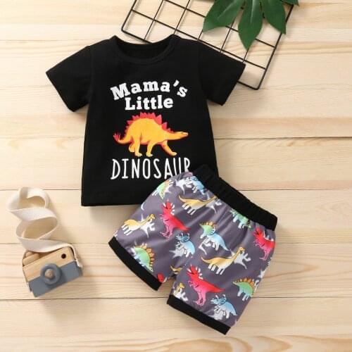 2 Black Cotton Boys Casual Suits Letter Dinosaur Print O-Neck Short-Sleeved T-Shirt + Summer Shorts Black 6 Months o 3 Years