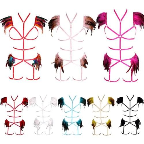 Adjustable Women Sexy Lingerie Feather Dance Party Club Wear Erotic Garters Suspenders Lingerie Sword Belt Elastic Harness Bra