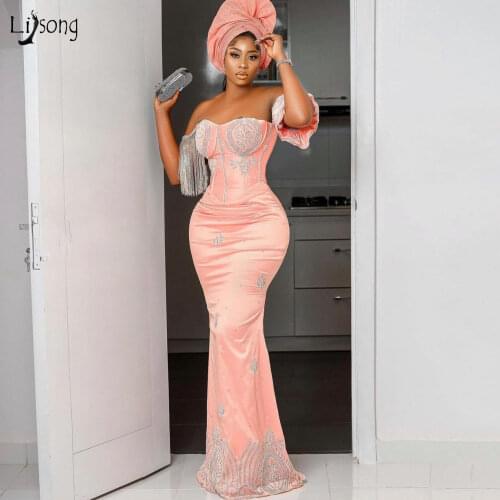 Luxury Crystals Aso Ebi Evening Dresses Mermaid Off the Shoulder African Women Prom Dress 2021 Long Pageant Gowns Lace Up Back