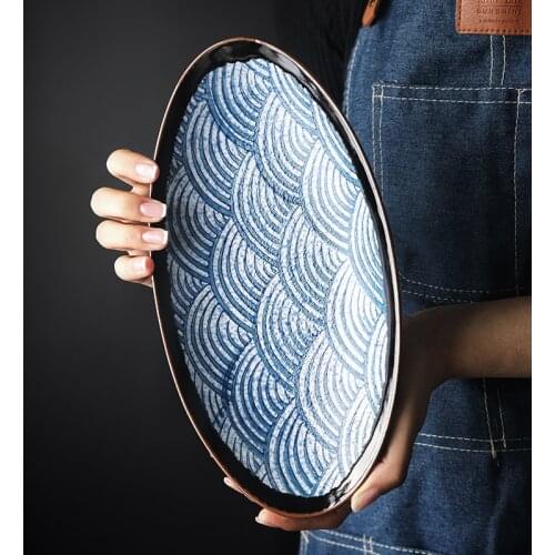Hand-painted Japanese oval household ceramic long plate fruit plate shallow mouth salad plate dinner plate
