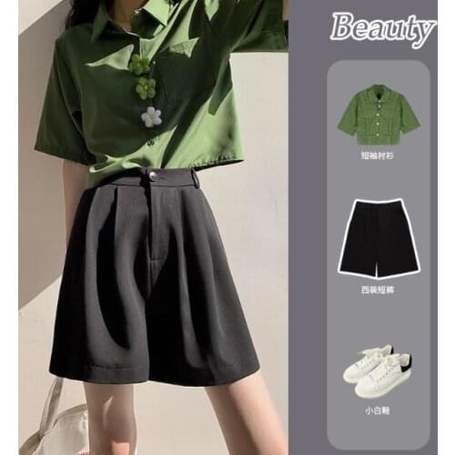 Shorts Women Suit Shorts Womens Summer High Waist Casual Black Straight Loose Cropped Pants Ropa Mujer