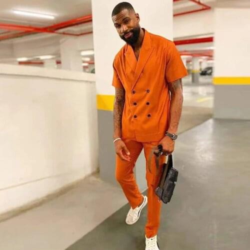 Modest Doube Breast Mens Suit Two Pieces Short Sleeve Blazer and Pants Groomsmens Summer Wears