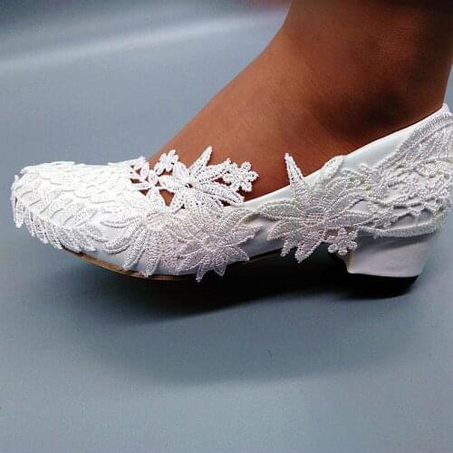 Square block heel 4CM fashion lace white pumps shoes woman handmade lace wedding bridal shoes bride bridesmaid sweet pumps woman
