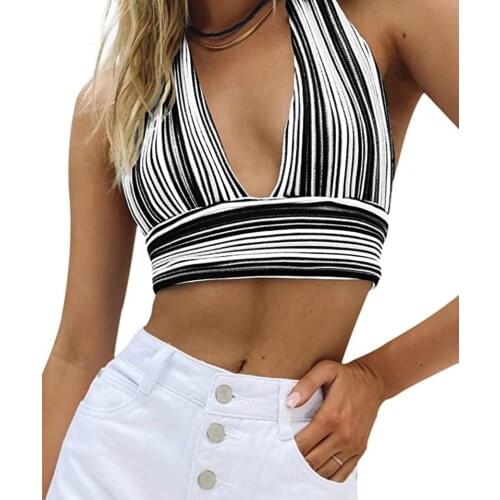 Women Halter Crop Top, Adults Sexy Sleeveless Tie Up Striped V-Neck Tops (Pink, Blue)