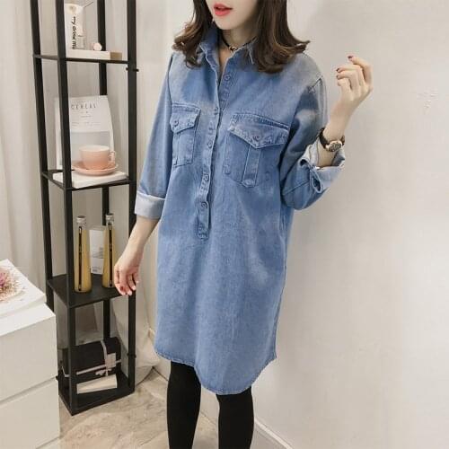 5xl Autumn Women Denim Long Shirt Dress Plus Size Slim Long Sleeve Korean Tunic Jean Dresses Large Size Ladies Frock Oversize