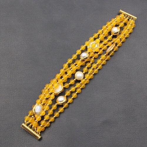 7 Rows Round Yellow Jades White Keshi Coin Pearl Gold Plated Beads Bracelet Handmade For Women Lady Jewelry