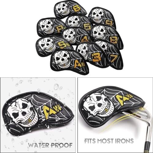 10x Skull Pattern Golf Club Iron Head Covers Set, PU Leather Golf Headcover Fit All Brands Irons Putter Protector Guard Wrap