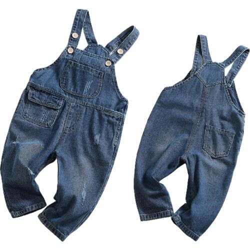 2021Autumn Children Kids Little Girls Denim Overalls Pocket Boys Jeans Cotton Denim Baby Girl Jumpsuit Casual Loose Overalls
