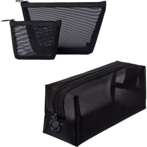 3Pcs/Set Black Mesh Clear Cosmetic Bag Beauty Wash Bags Makeup Case Travel