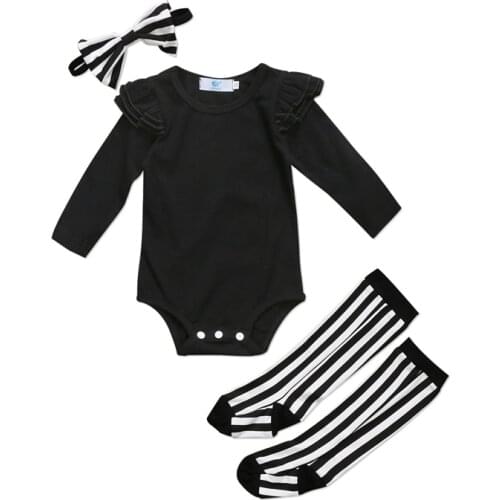 Pudcoco Baby Girl cotton Bodysuit solid black long sleeve Bodysuits stocking Headband bebe girls Outfits Bodysuit Clothes