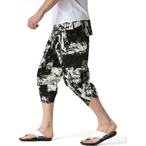 Vintage Ink Print Cotton Linen Jogging Sweatpants Men 2021 Summer New Cropped Trousers Men Harajuku Streetwear Joggers Pants 3XL